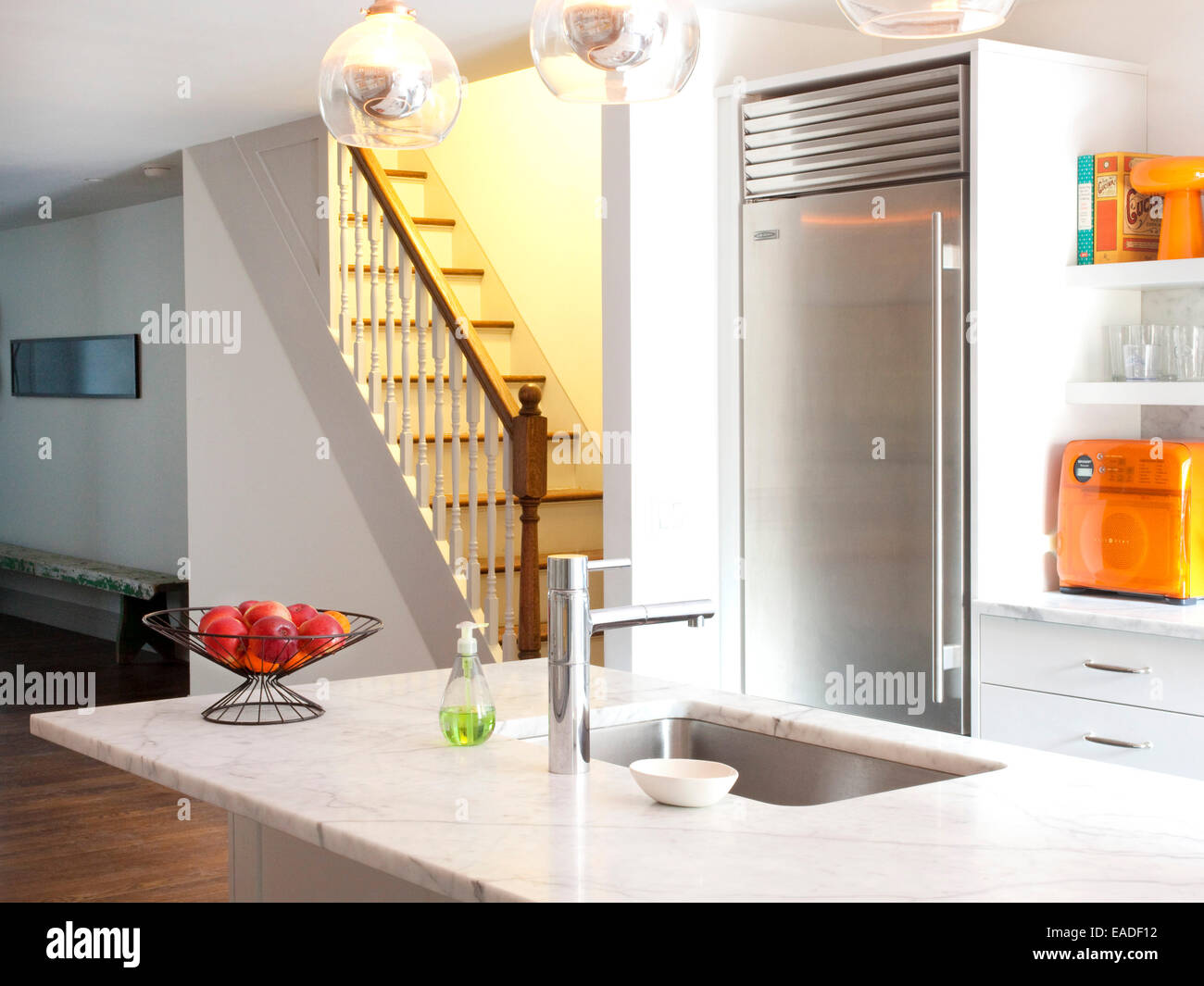 detail of kitchen island and refrigerator Stock Photo Alamy