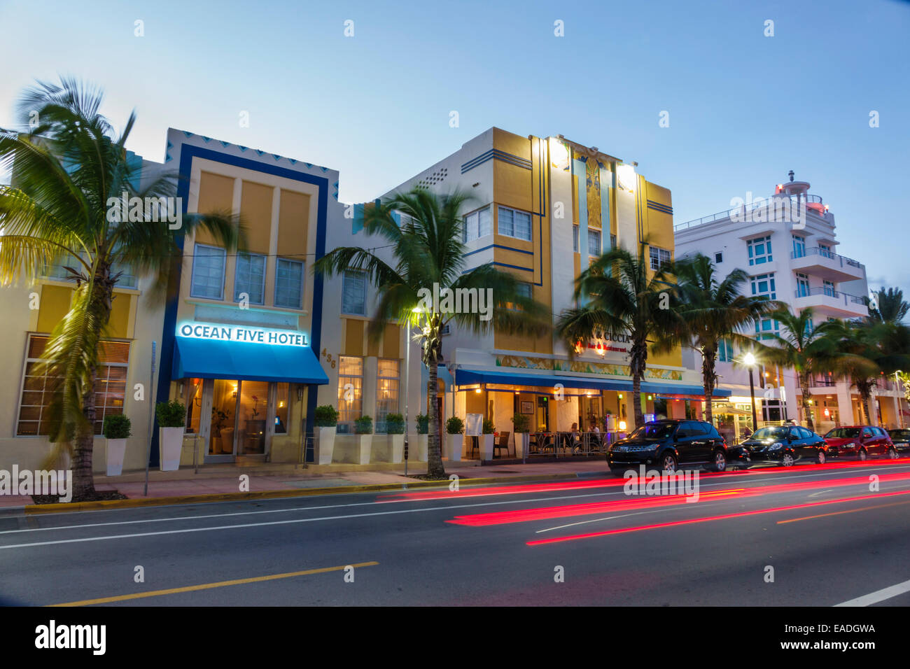 Miami Beach Florida,Ocean Drive,dusk,evening,night,Ocean Five,hotel,hotel,hotels,Art Deco,buildings,time-exposure,traffic,FL140930001 Stock Photo