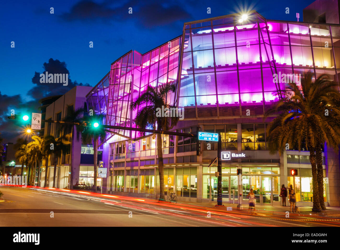 Miami Beach Florida,5th Fifth Street,dusk,evening,night,Collins  Avenue,buildings,traffic lights,time-exposure,light show,visitors travel  traveling tou Stock Photo - Alamy