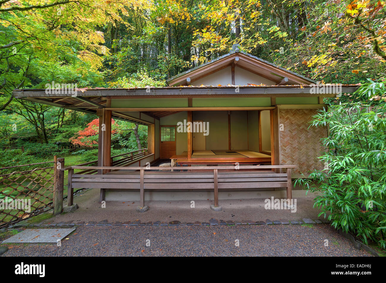 Tea House at Portland Japanese Garden in Autumn Stock Photo