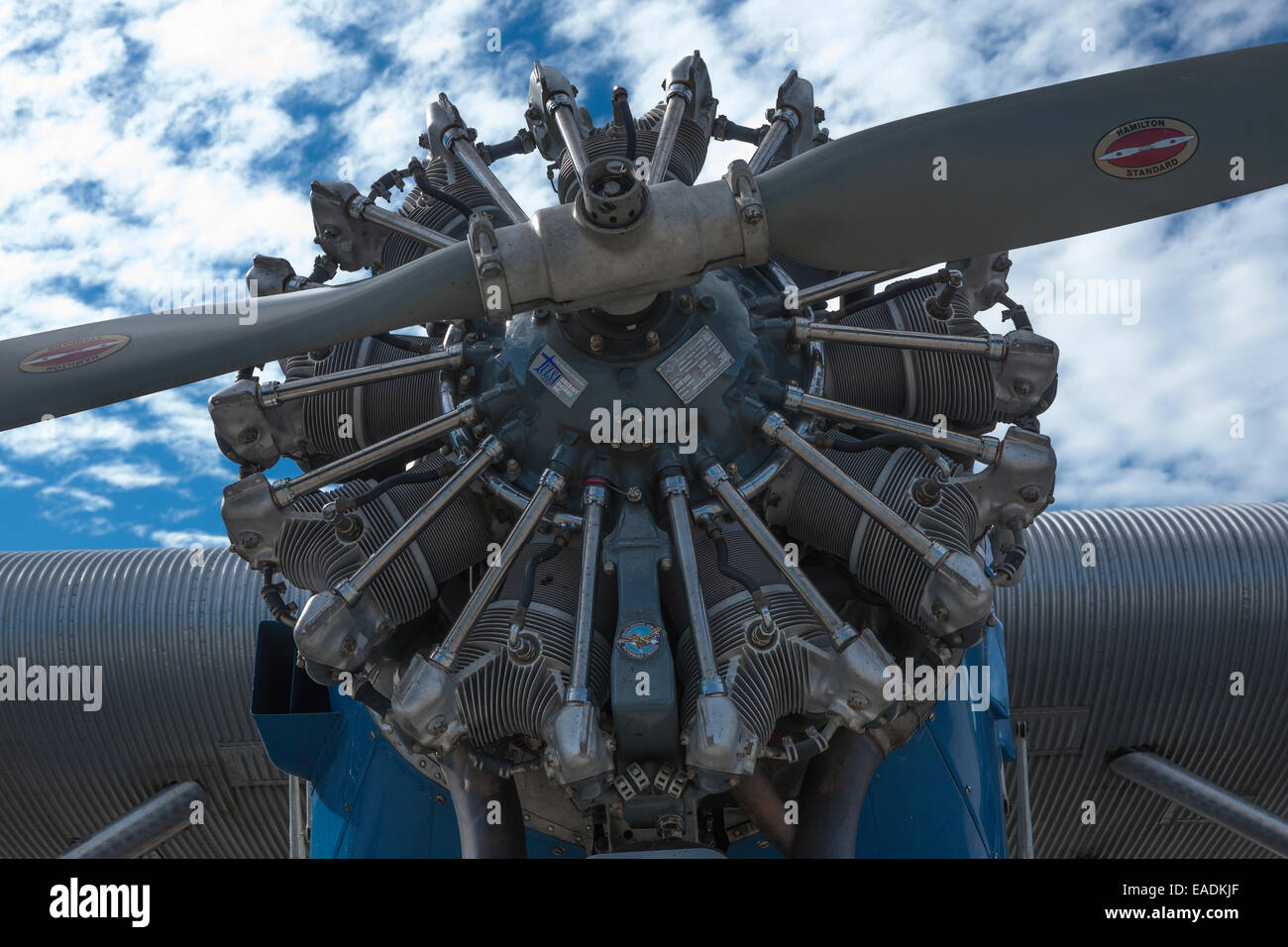Radial aircraft engine and propeller of Fort Tri-motor vintage airliner Stock Photo