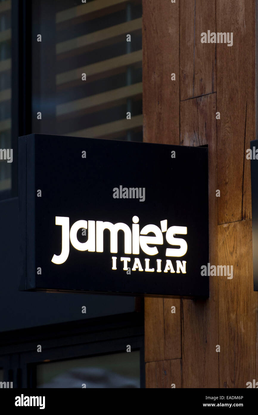 Jamie Oliver's Italian restaurant sign logo. Stock Photo