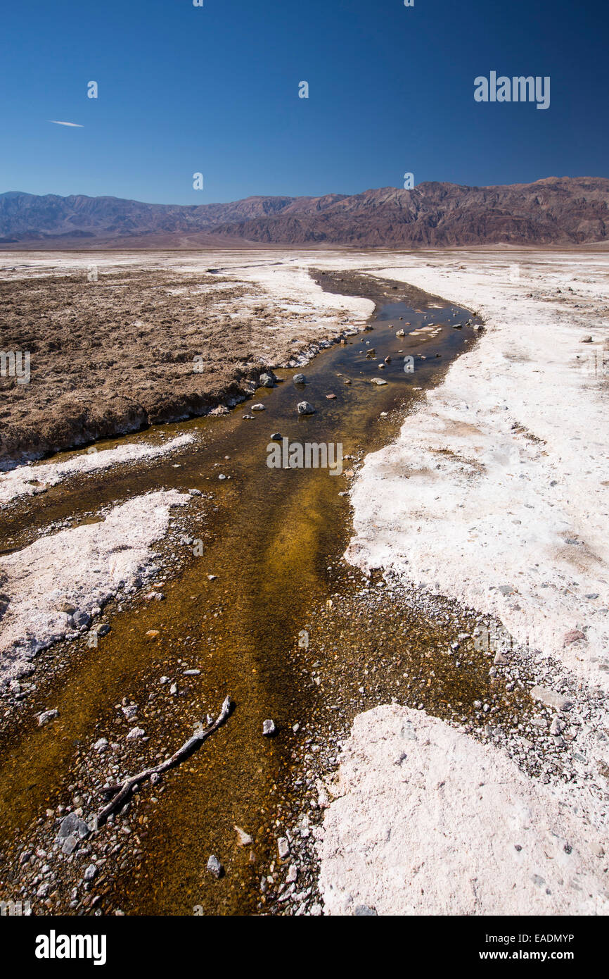 Saline creeks in Death Valley which is the lowest, hottest, driest place in the USA, with an average annual rainfall of around 2 inches, some years it does not receive any rain at all. Stock Photo