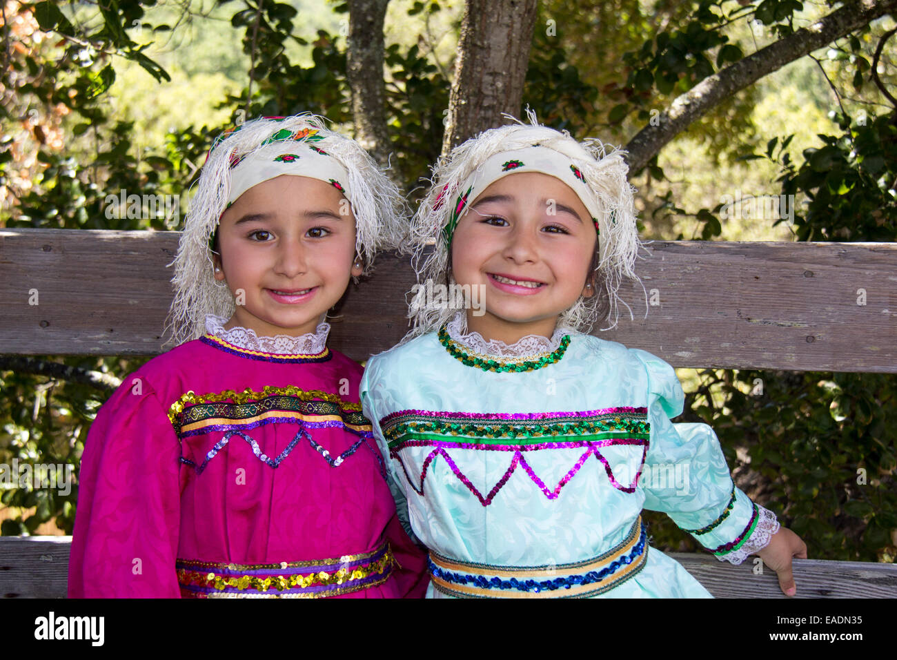 2, two, Greek-American girls, Greek-Americans, girls, dancers, folk dancers, Marin Greek Festival, Novato, Marin County, California Stock Photo