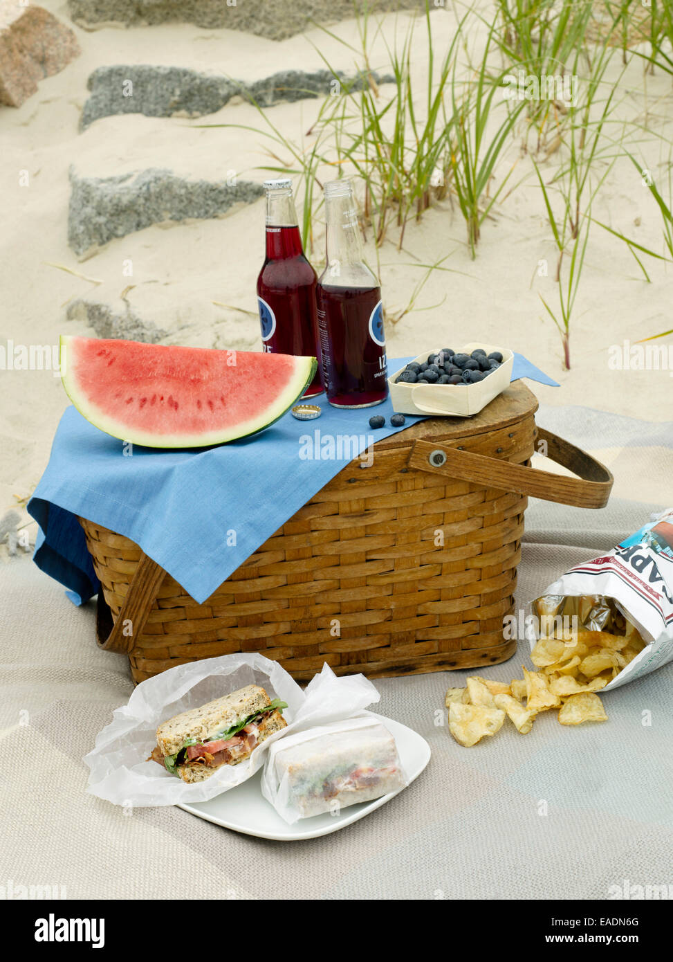 Picnic and picnic basket on the beach Stock Photo Alamy