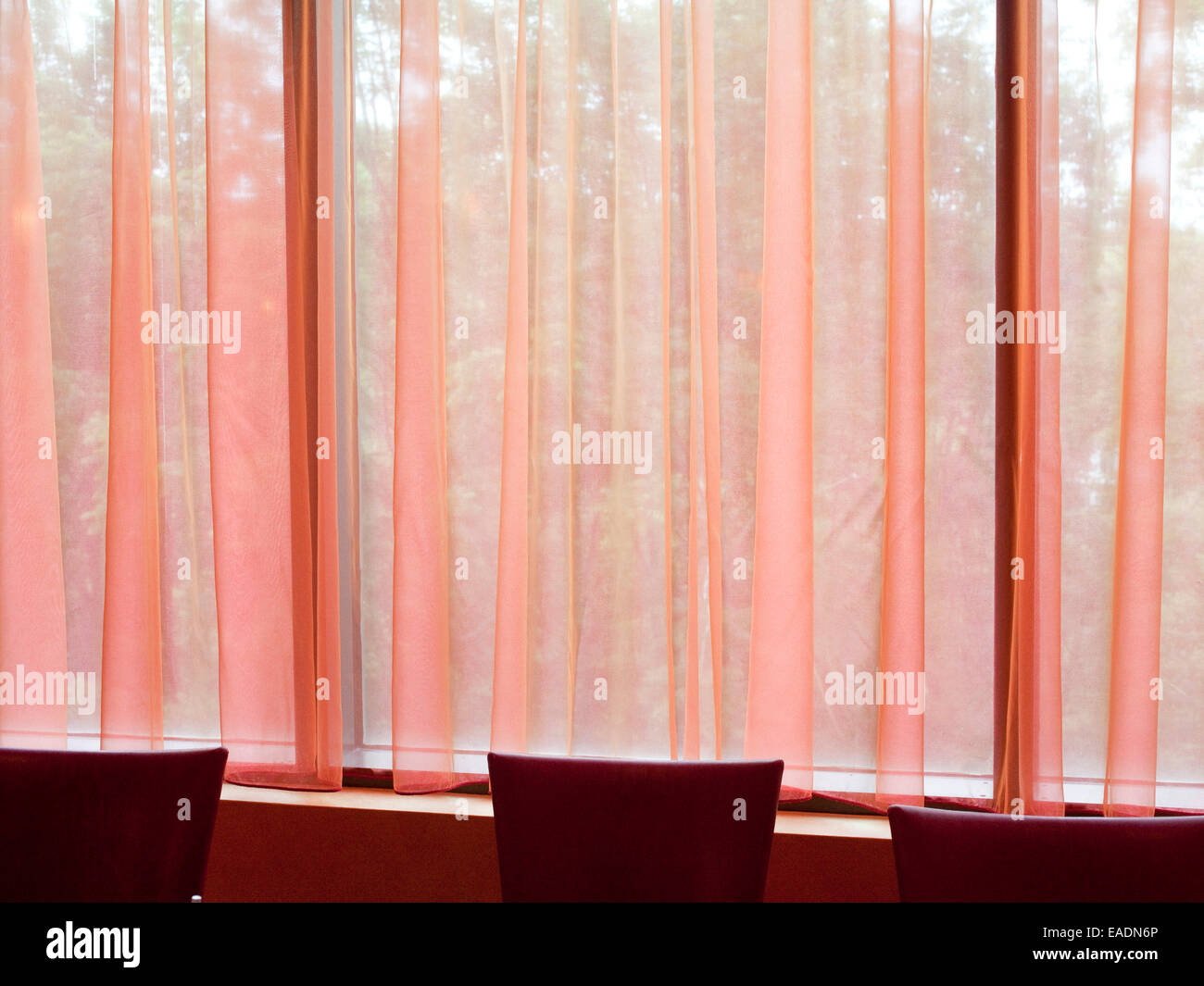 Pink curtains and red chairs of dining room Stock Photo