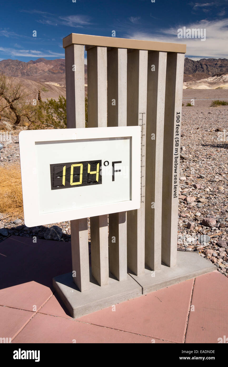 A thermometer at the Furnace Creek Visitor Centre in Death Valley ...