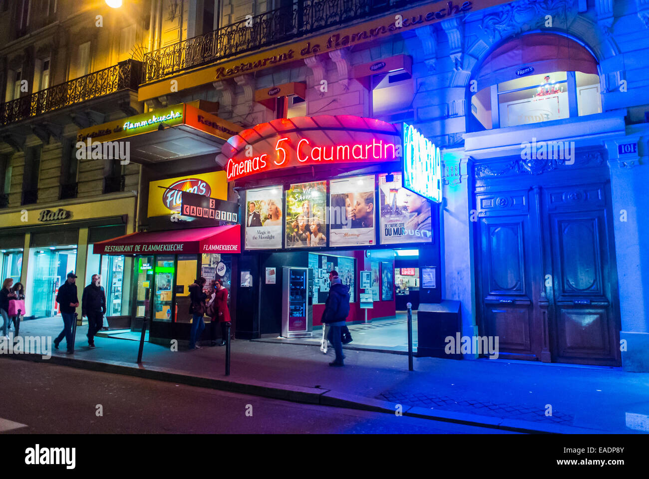 Paris, France, Front, French Independent vintage movie theaters architecture Cinema Movies Theater, Neon Lights Sign, at Night, "5 Caumartin", exterior Street Scene, night sign door Stock Photo