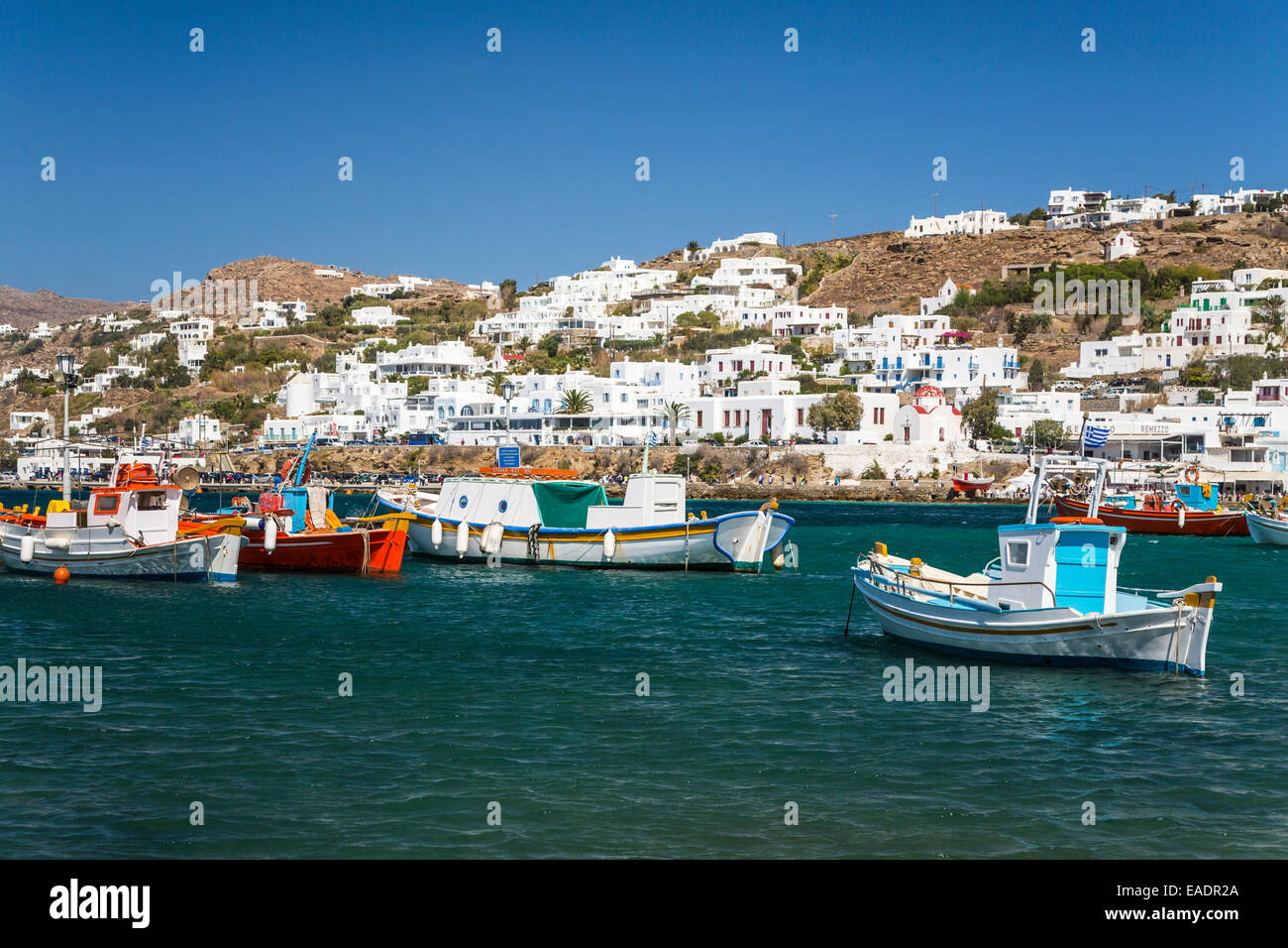 The small colorful harbor of Mykonos Town, Chora, Mykonos, Greece, Europe. Stock Photo