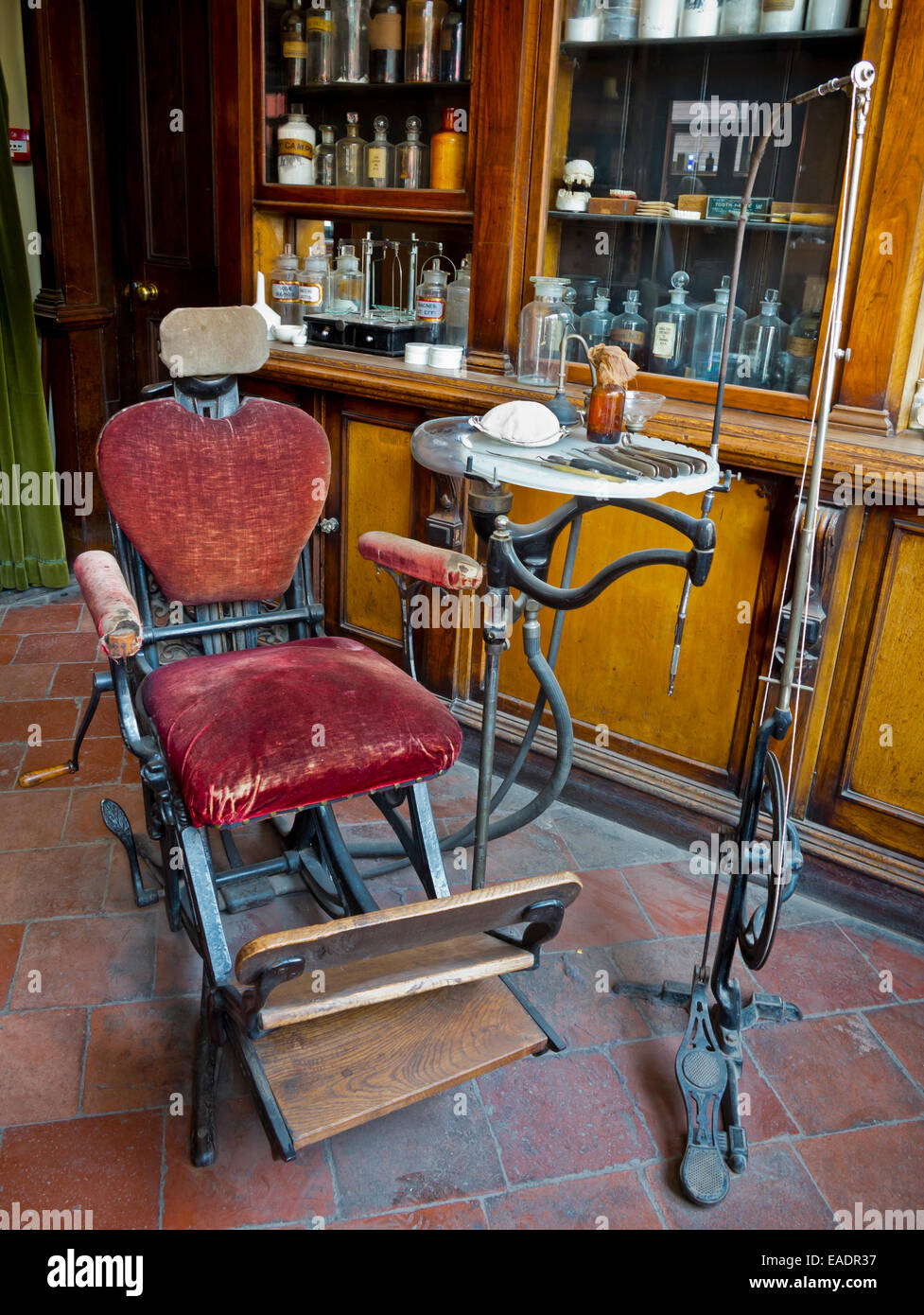 Dentists chair inside a chemists shop at Blists Hill Victorian Town an open air museum at Madeley near Telford Shropshire UK Stock Photo
