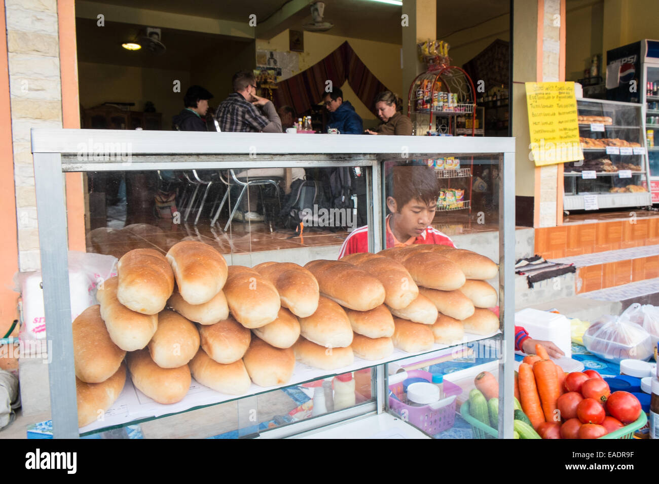 Baguette,French style bread,chocolate muffins at this cafe,bakery for tourists in Pakbeng a stop-over village Mekong,Laos, Asia, Stock Photo