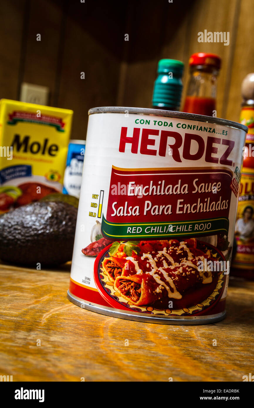 Herdez canned sauces available at most California Grocery store Stock Photo