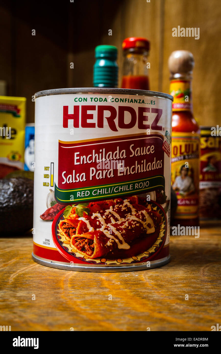 Herdez canned sauces available at most California Grocery store Stock Photo
