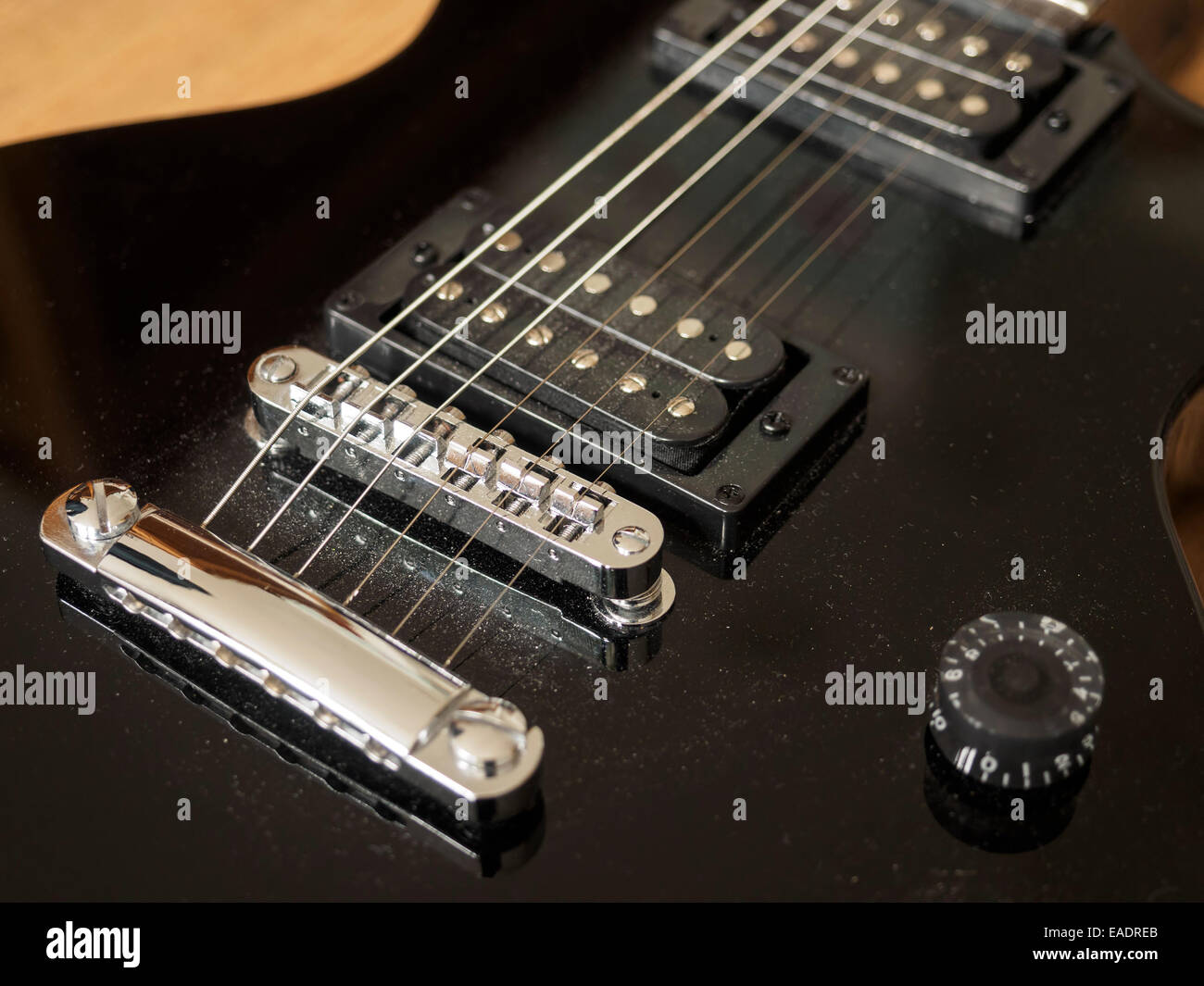 Bridge and pickups on a Black Epiphone Les Paul Special-II Ltd electric guitar Stock Photo
