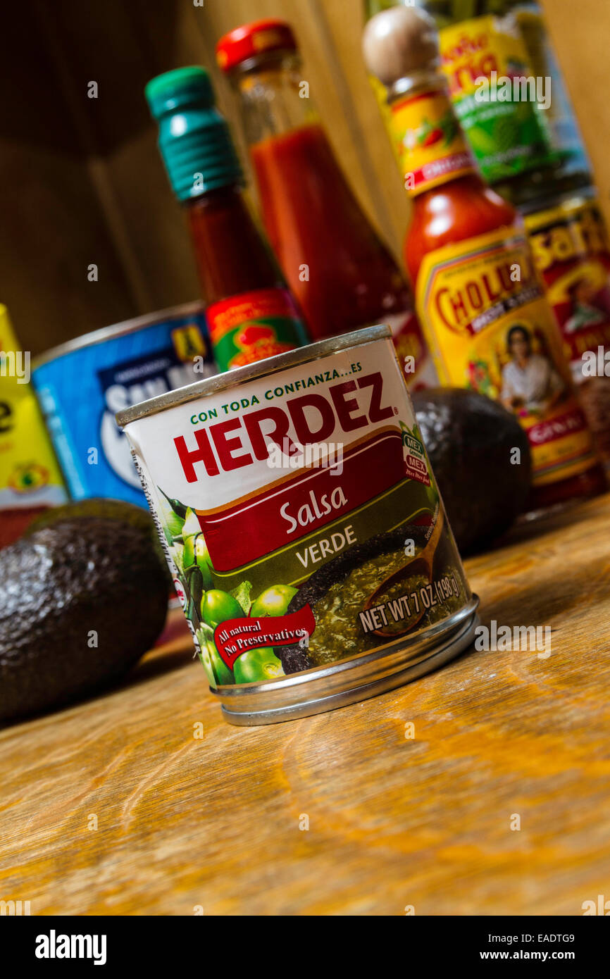Herdez canned sauces available at most California Grocery store Stock Photo