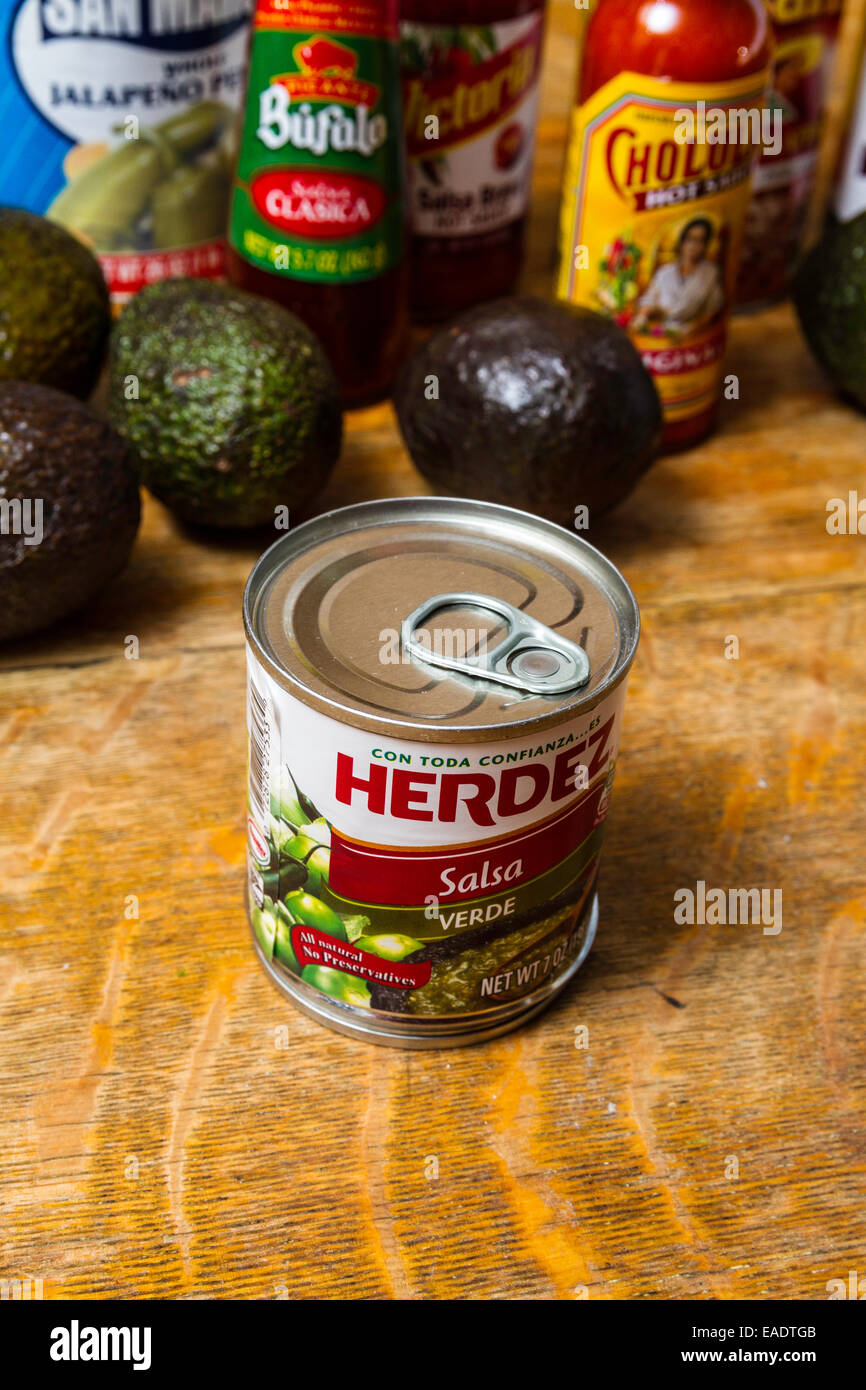 Herdez canned sauces available at most California Grocery store Stock Photo