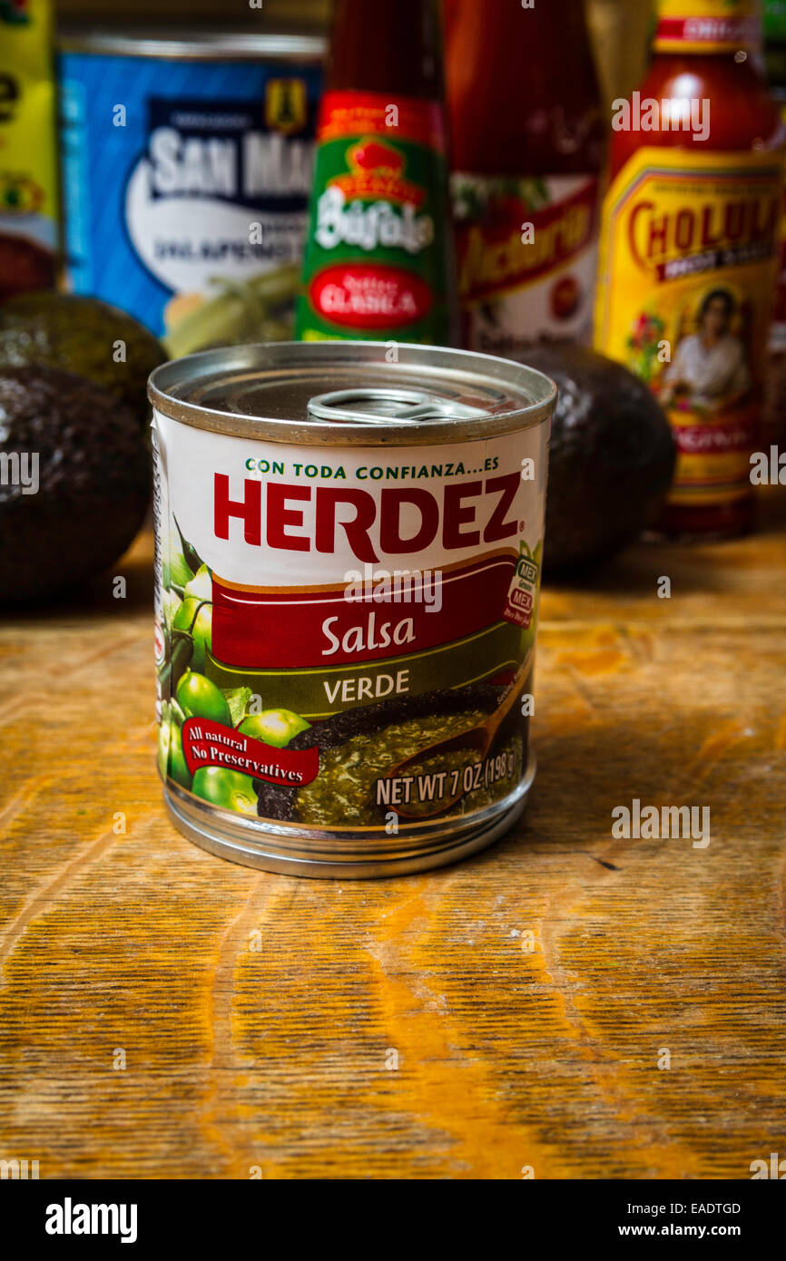 Herdez canned sauces available at most California Grocery store Stock Photo