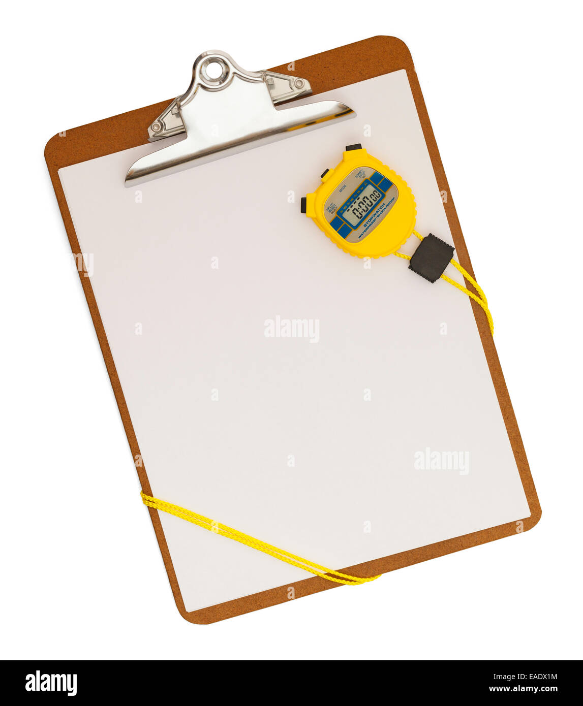 Blank Clipboard with Stop Watch on Isolated White Background. Stock Photo