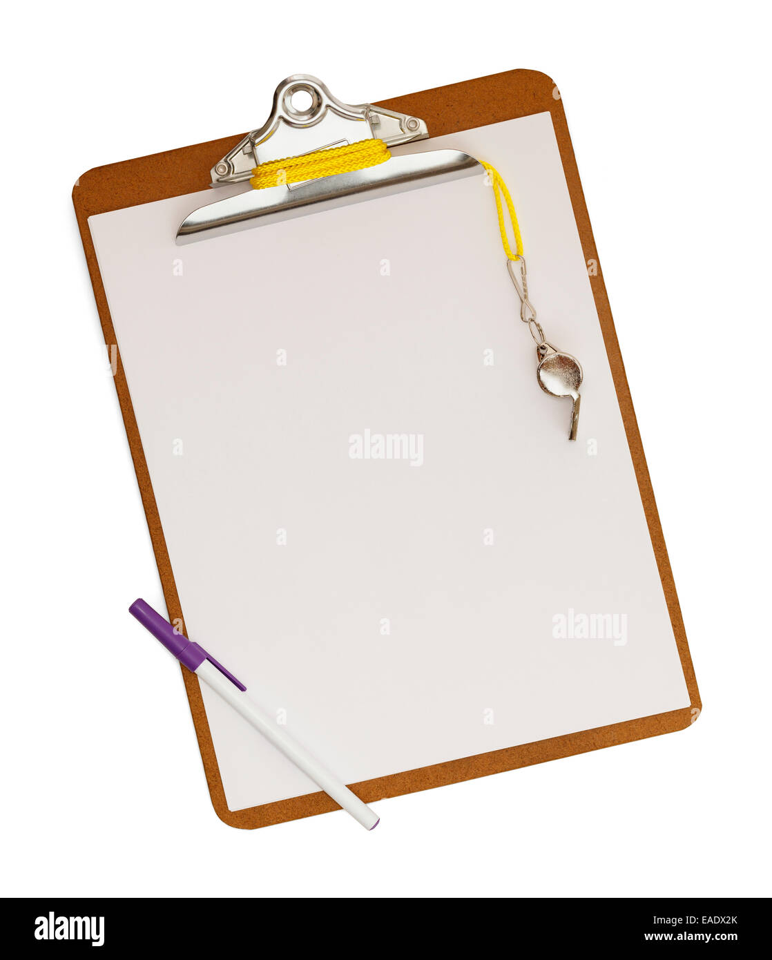 Blank clipboard with whistle on isolated white background. Stock Photo