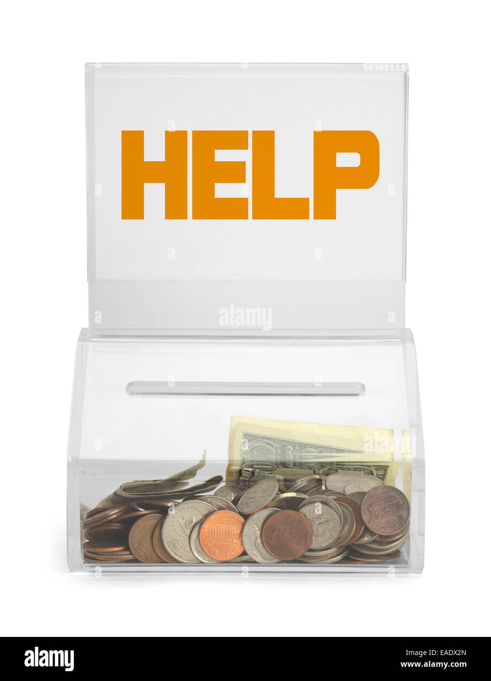 Clear Plastic Help Donation Box With Money Isolated on White Background. Stock Photo