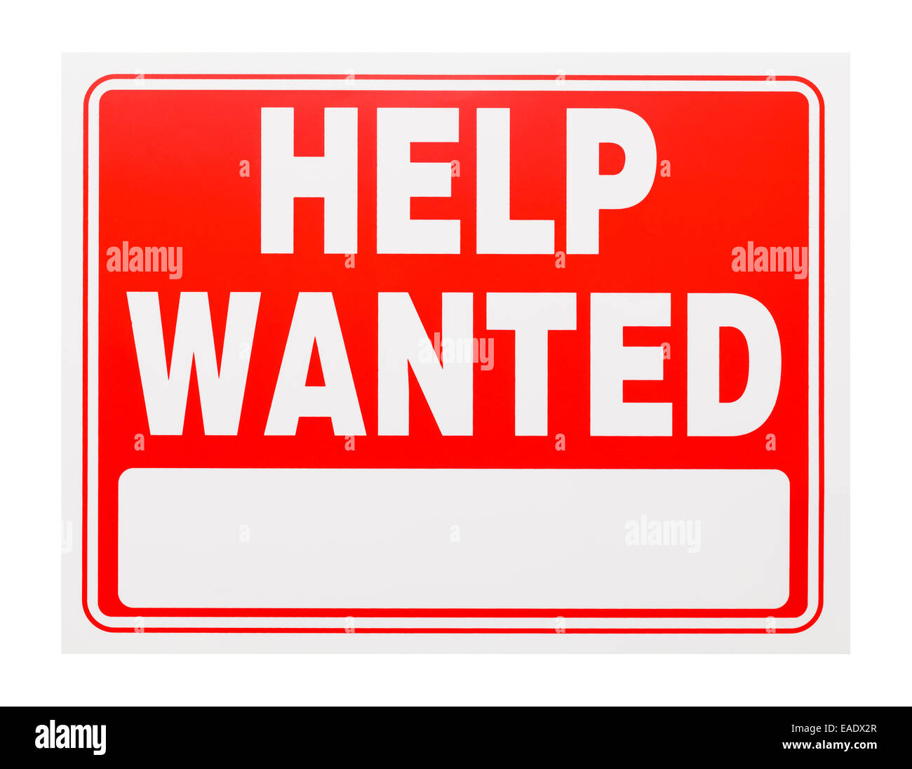 Red and White Plastic Help Wanted Sign With Copy Space Isolated on White Background. Stock Photo