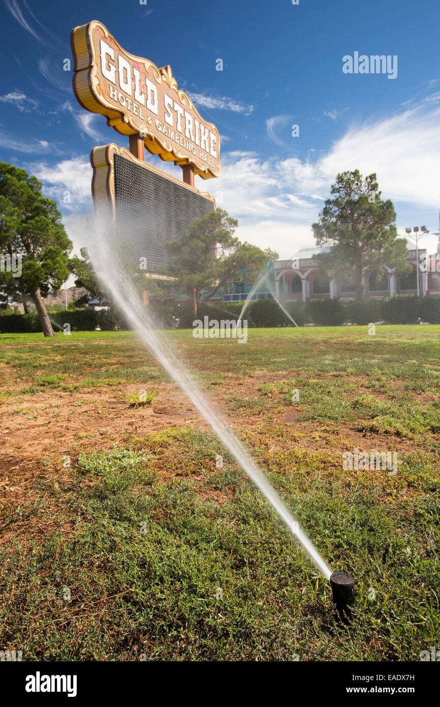 The Gold strike Casino in Primm, Nevada, irrigating its lawns despit being in the grip of a four year long extreme drought. Stock Photo