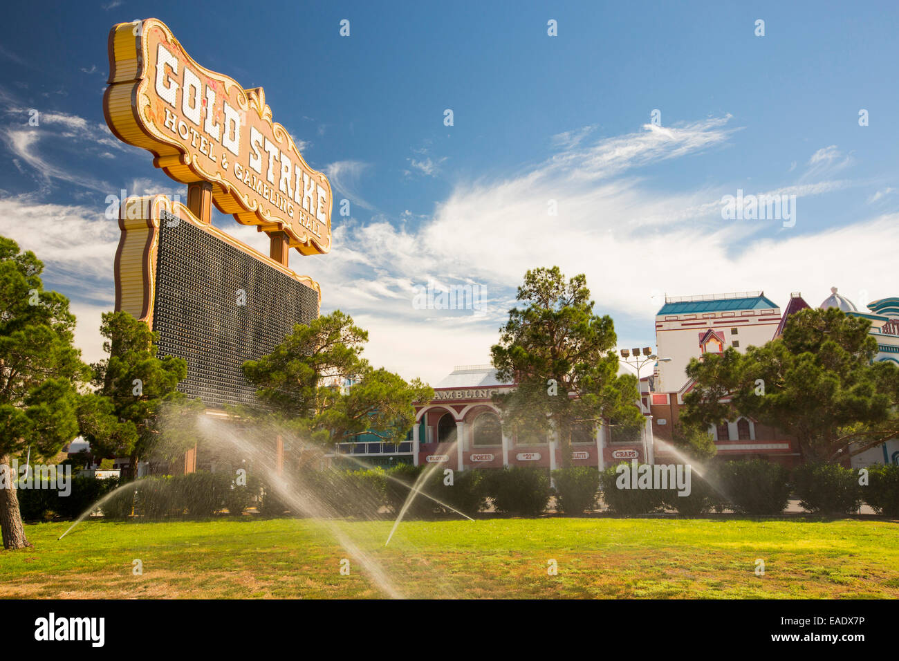 The Gold Strike Casino in Primm, Nevada, irrigating its lawns despit being in the grip of a four year long extreme drought. Stock Photo