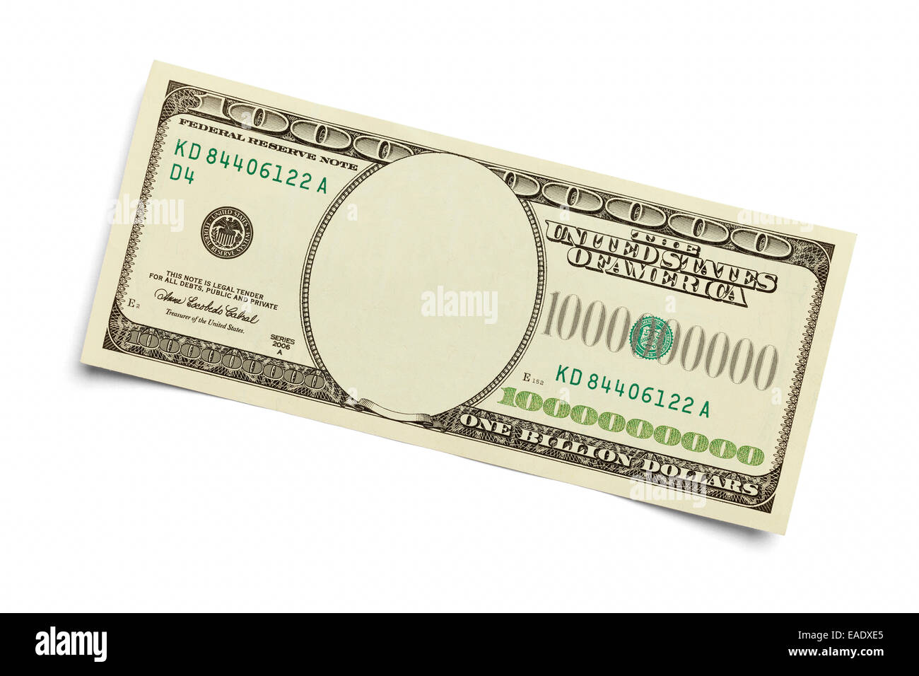 One Billion Dollar Bill With Cut Out Face Isolated on White Background. Stock Photo