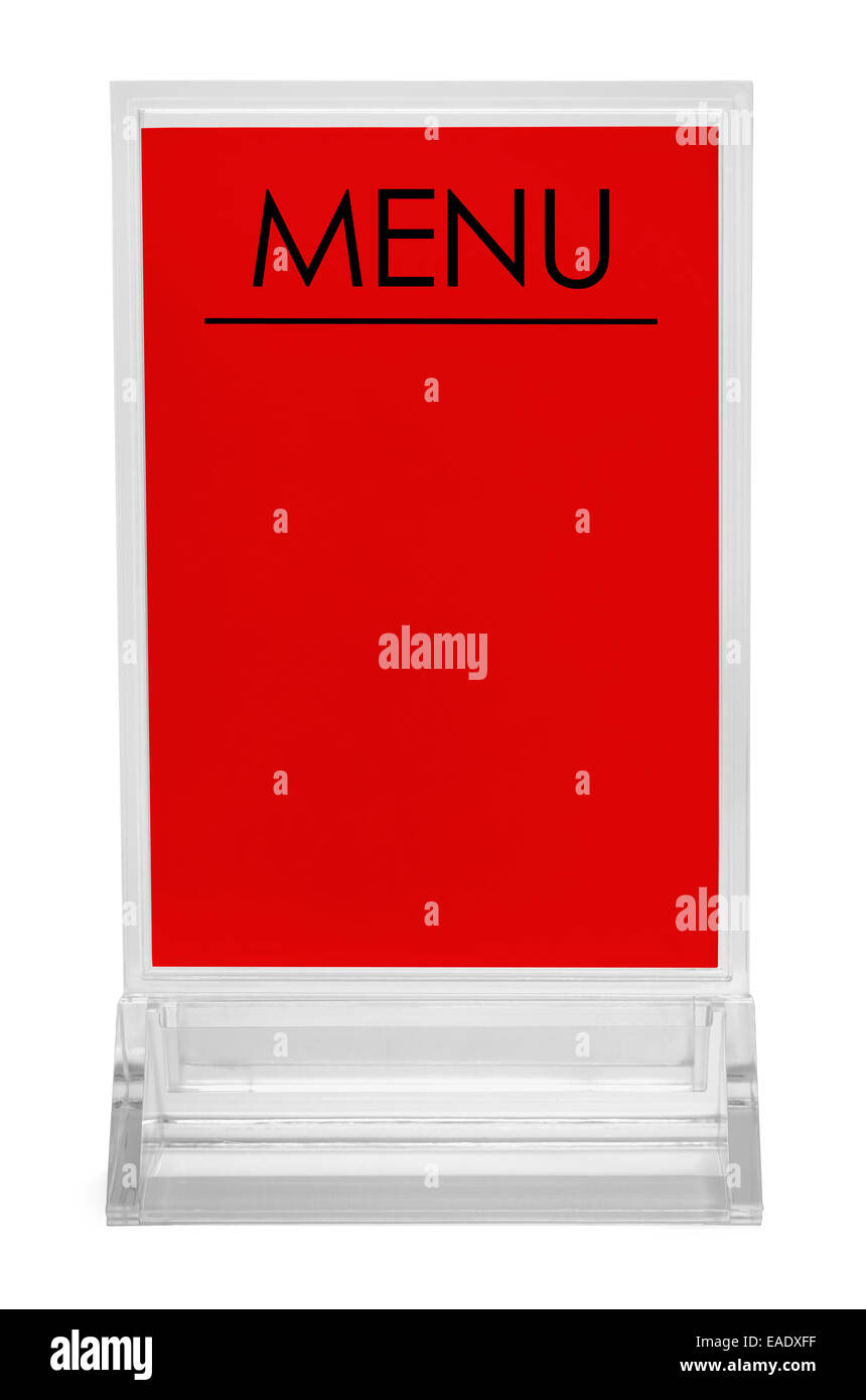 Table Top Upright Plastic Menu Sign Isolated on White Background. Stock Photo