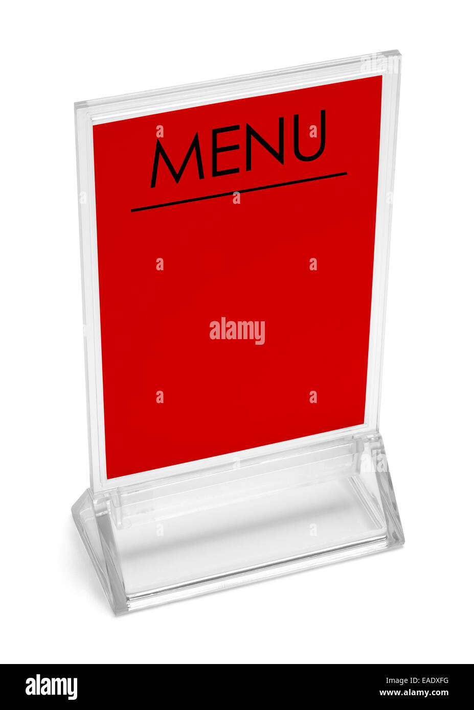 Table Top Upright Plastic Menu Sign Isolated on White Background. Stock Photo