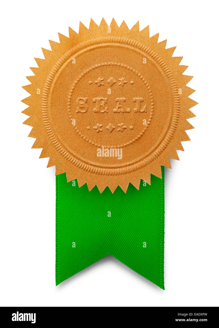 Gold Seal With Large Green Ribbon Isolated on White Background Stock