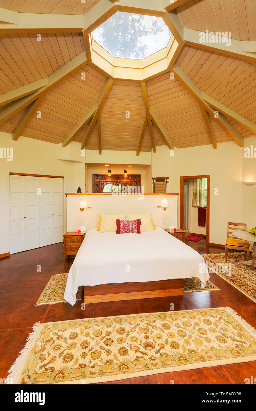 Romantic Cozy Bedroom with Hardwood Floors. Home Interior Design Stock Photo