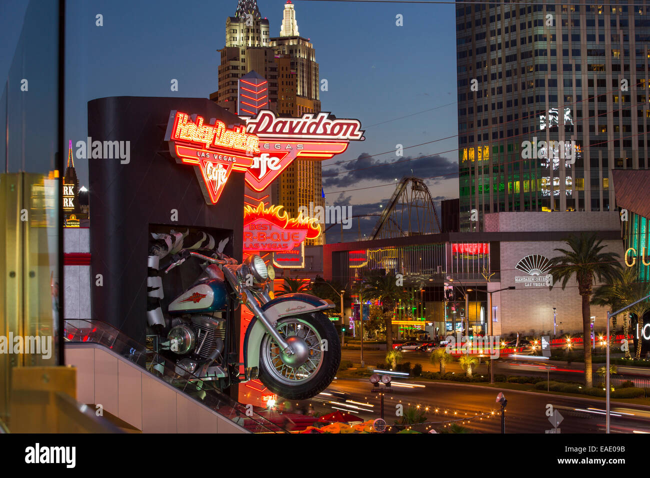 The Harley Davidson Cafe on Las Vegas boulevard at dusk, Las Vegas, Nevada,  USA, probably the most unsustainable city in the world, it uses vast  quantities of water in the middle of