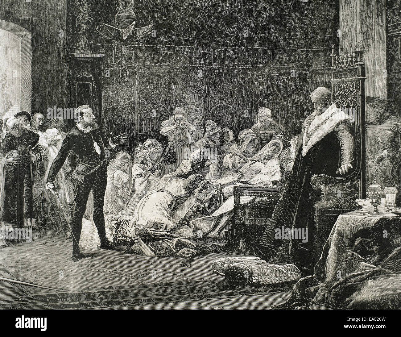 William Shakespeare (1564-1616). English writer. Hamlet. Queen Gertrude dies poisoned. Engraving. Stock Photo