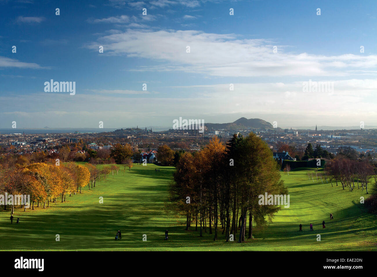 Edinburgh, Arthur's Seat, Salisbury Crags and Murrayfield Golf Course from Corstorphine Hill, Edinburgh Stock Photo
