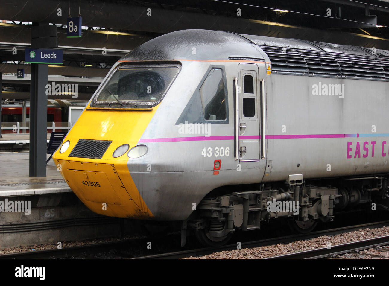Power car number 43306 on a high speed train - diesel multiple unit - in East Coast livery at platform 8a Leeds railway station. Stock Photo