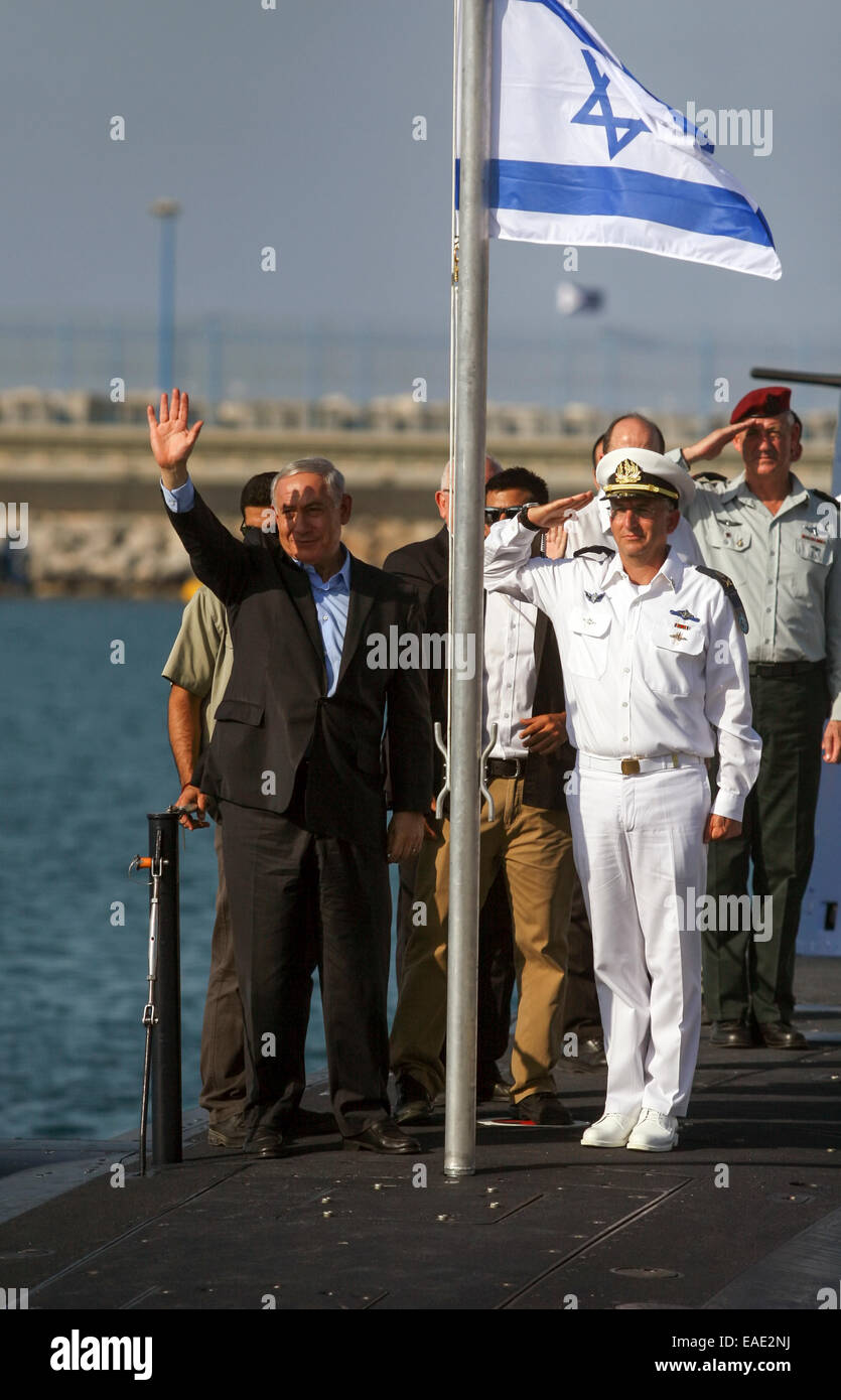 Israeli Prime Minister Benjamin (Binyamin) Bibi Netanyahu at the arrival of the new Israeli Navy INS Tannin (Dolphin class) subm Stock Photo