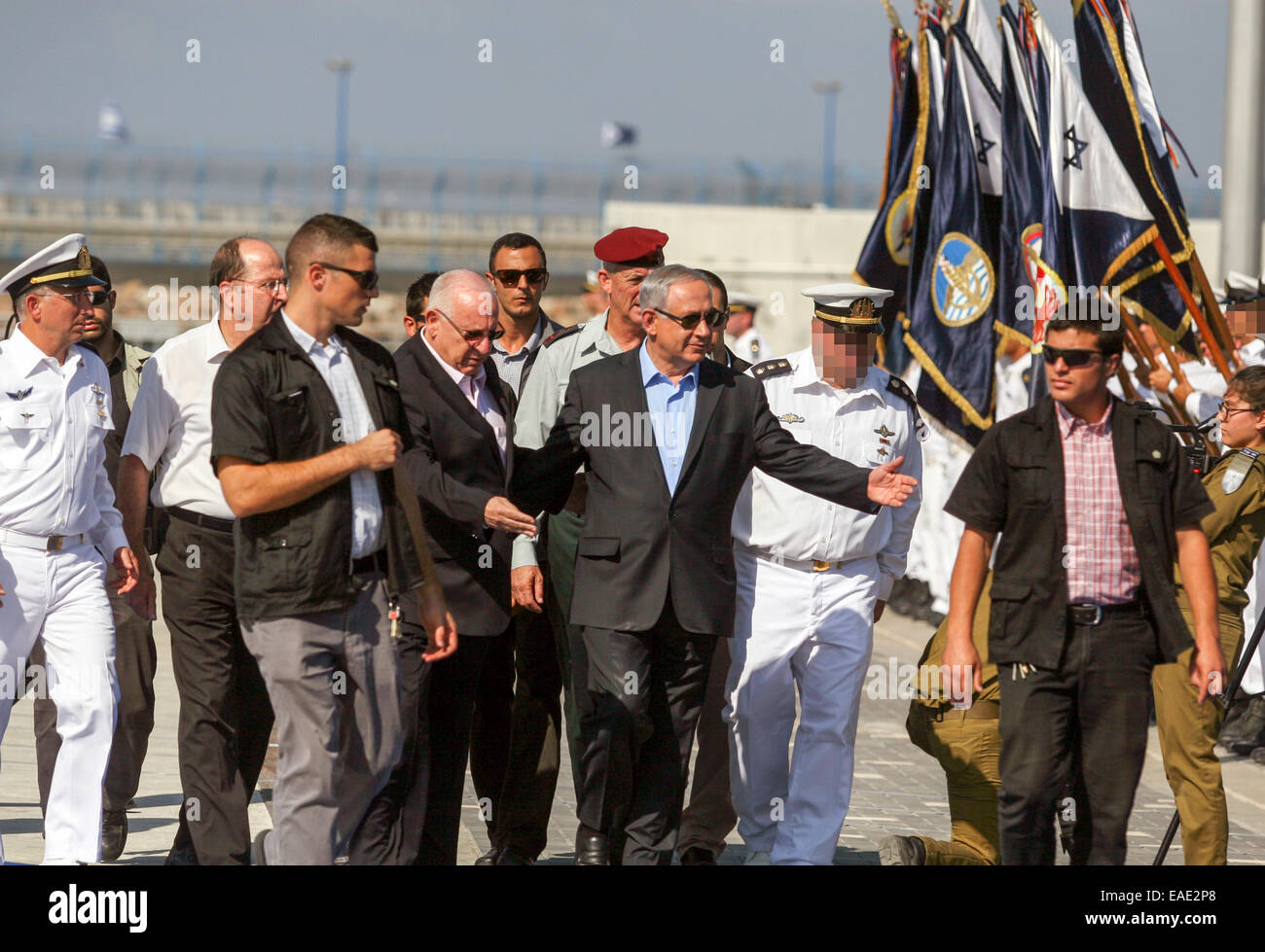 Israeli Prime Minister Benjamin (Binyamin) Bibi Netanyahu at the arrival of the new Israeli Navy INS Tannin (Dolphin class) subm Stock Photo