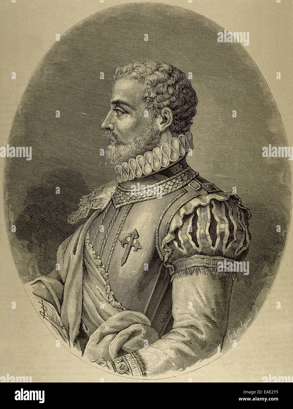 Alonso de Ercilla (1533-1594). Spanish nobleman, soldier and epic poet. Portrait. Engraving by Capuz. 19th century. Stock Photo