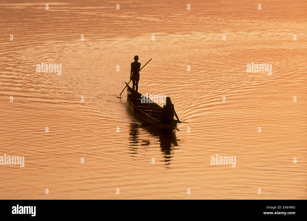 Boat on the Niger River, evening mood, near Mopti, Mali Stock Photo