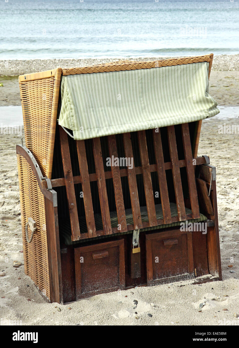 Traditional German wicker Baltic sea beach chair strandkorb Stock Photo