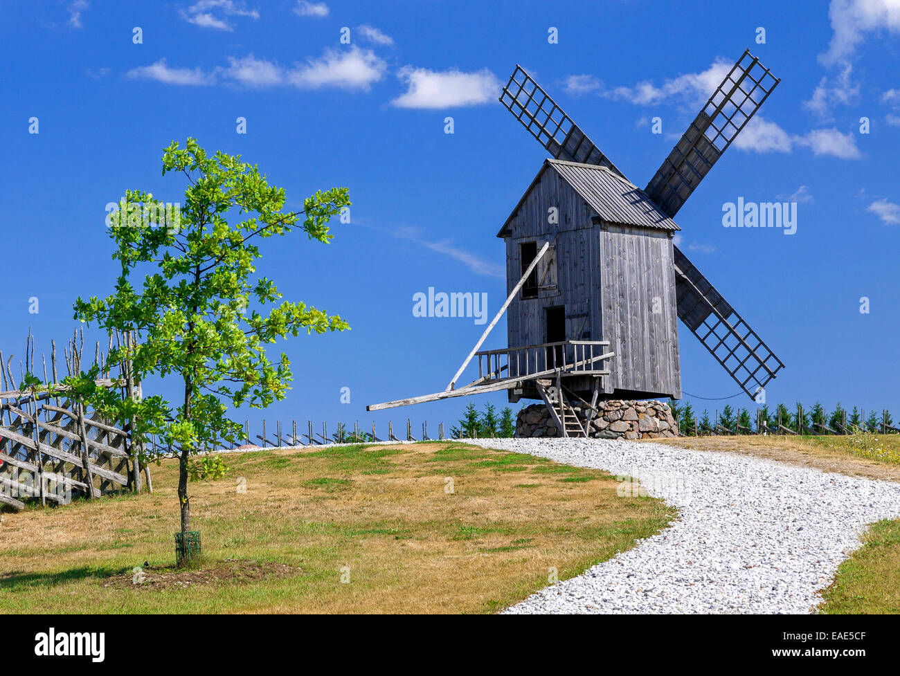 Old wooden windmill in Angla, Saaremaa island, Estonia Stock Photo