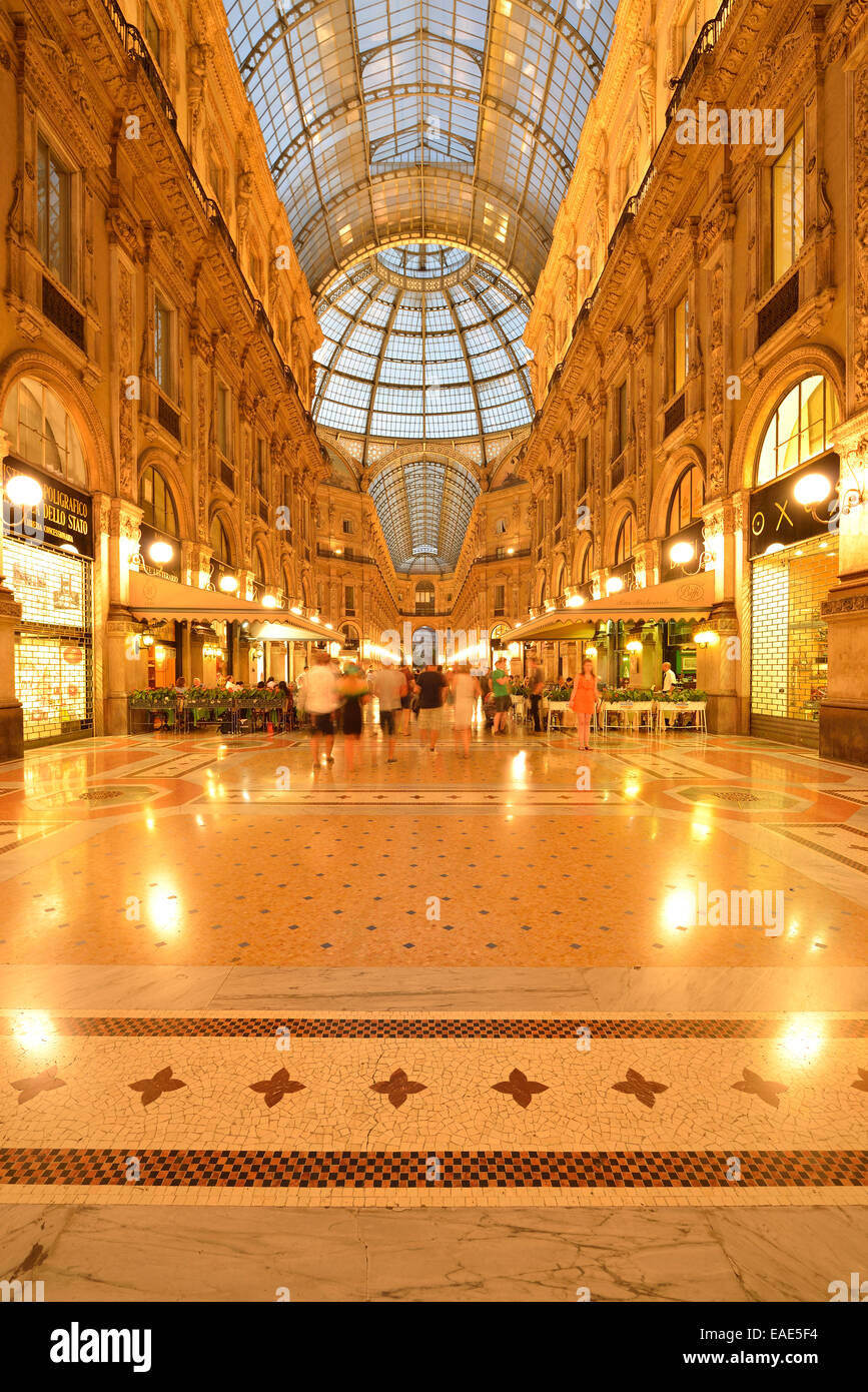 Luxury shopping arcade, roofed gallery of Galleria Vittorio Emanuele II, twilight shot at the