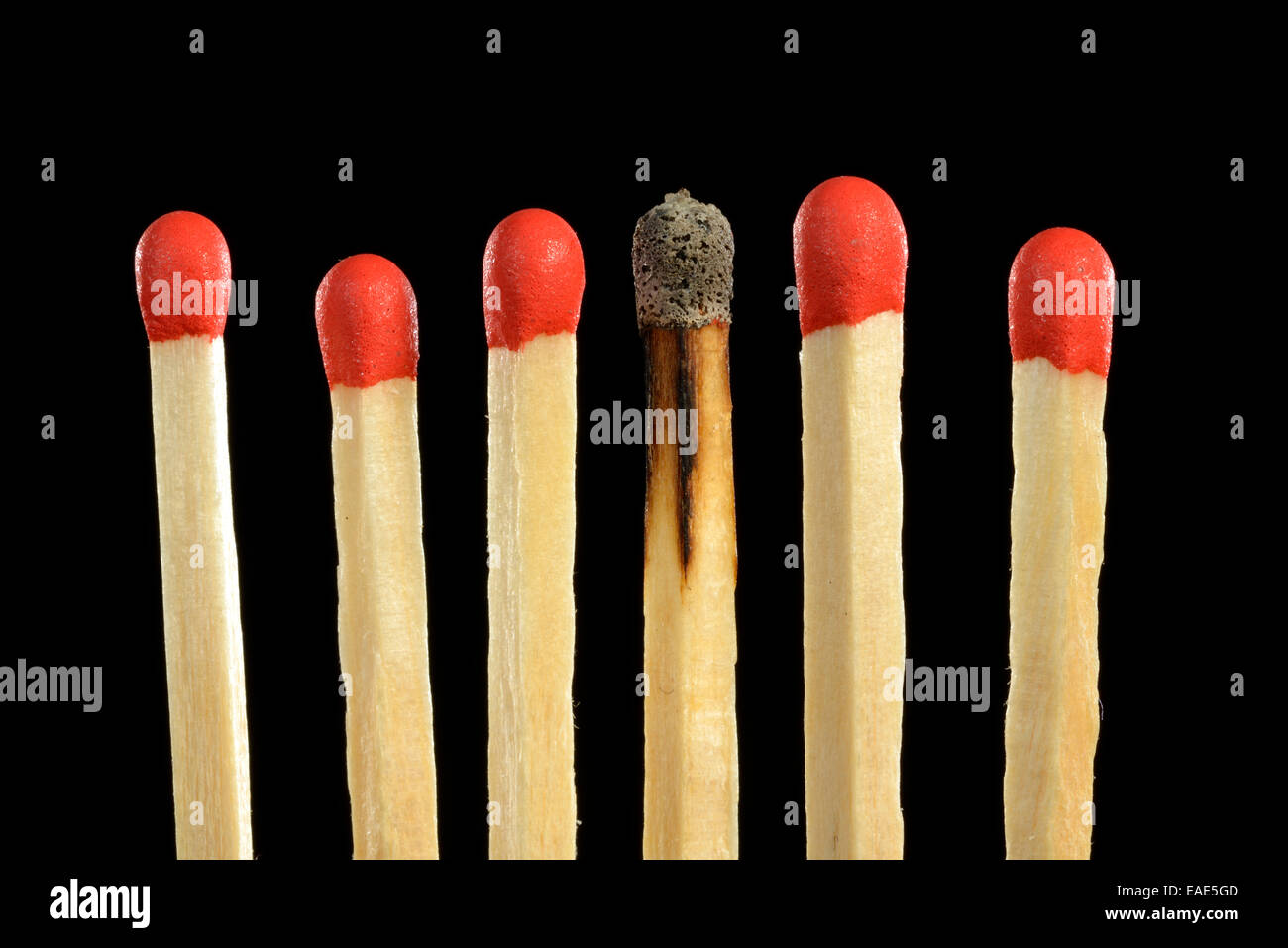 Matches with one burnt match head, symbolic image of burn-out, bullying, exclusion, loner, Germany Stock Photo