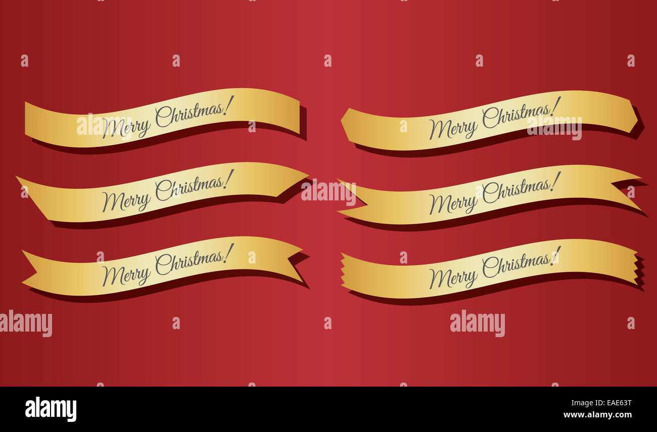 A set of gold Merry Christmas ribbons, with shade, over red background