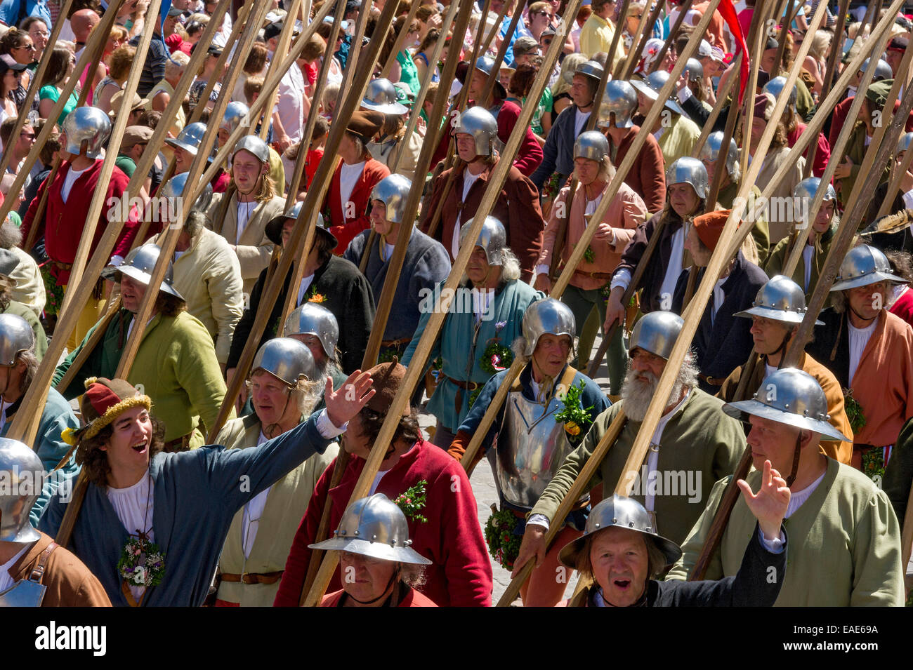 Mercenaries with lances, wedding procession of the 'Landshut Wedding', historic center, Landshut, Lower Bavaria, Bavaria Stock Photo