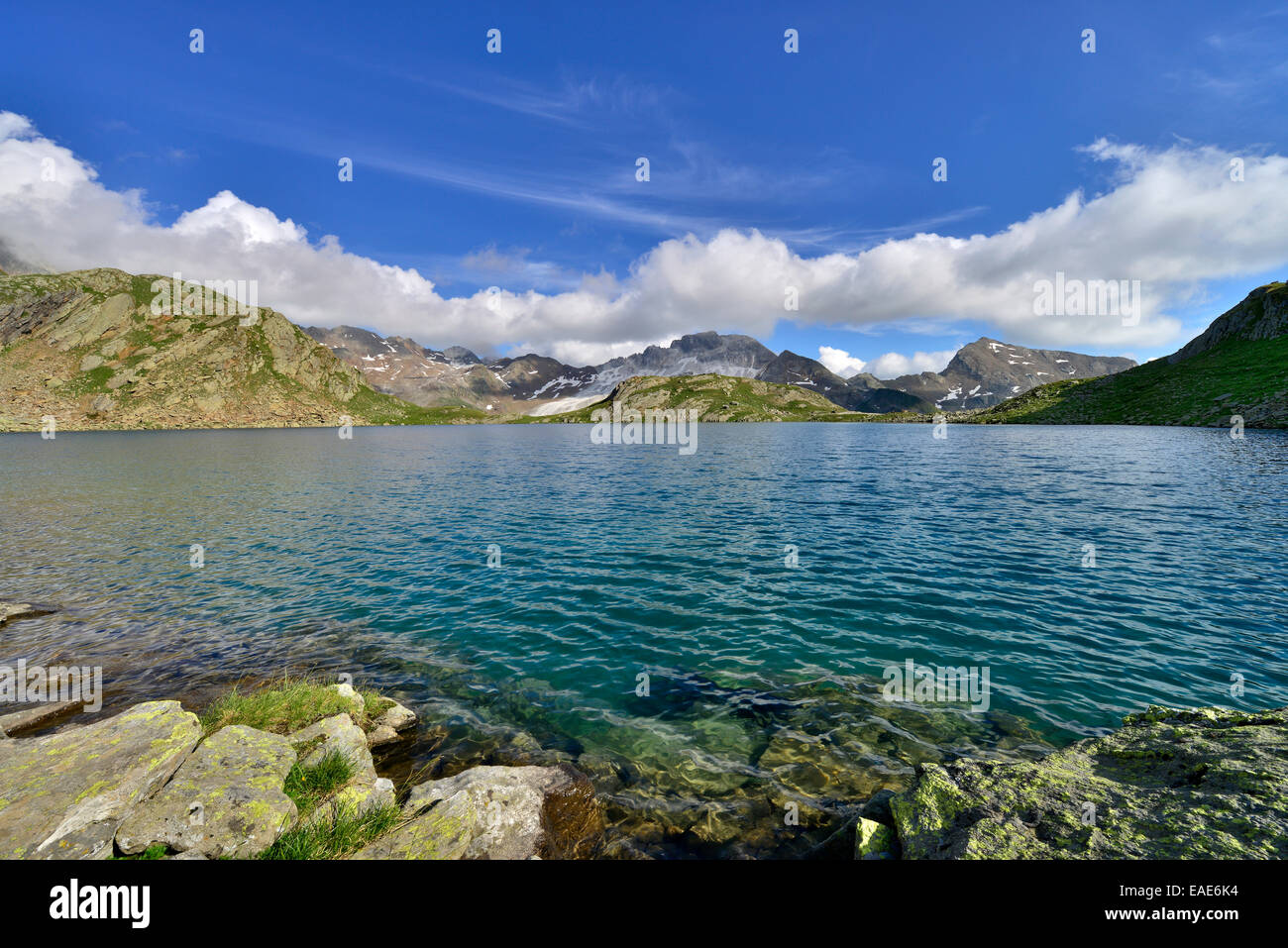 Grosser Schwarzsee lake or Lago Nero, Schneeberger Weisse Mountain at the rear, Stubai Alps, Tyrol, Austria Stock Photo