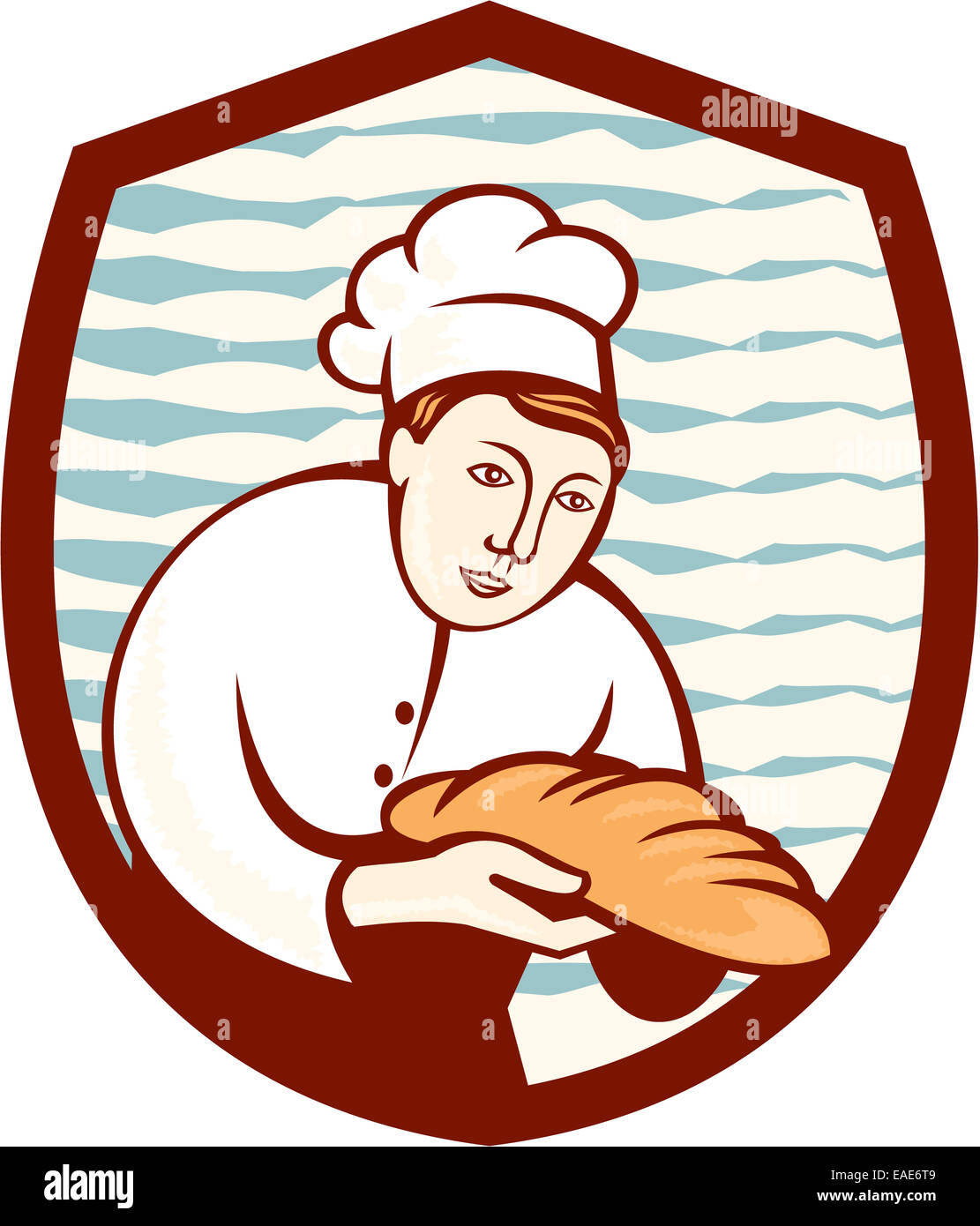 Illustration of a baker chef cook holding loaf of bread set inside