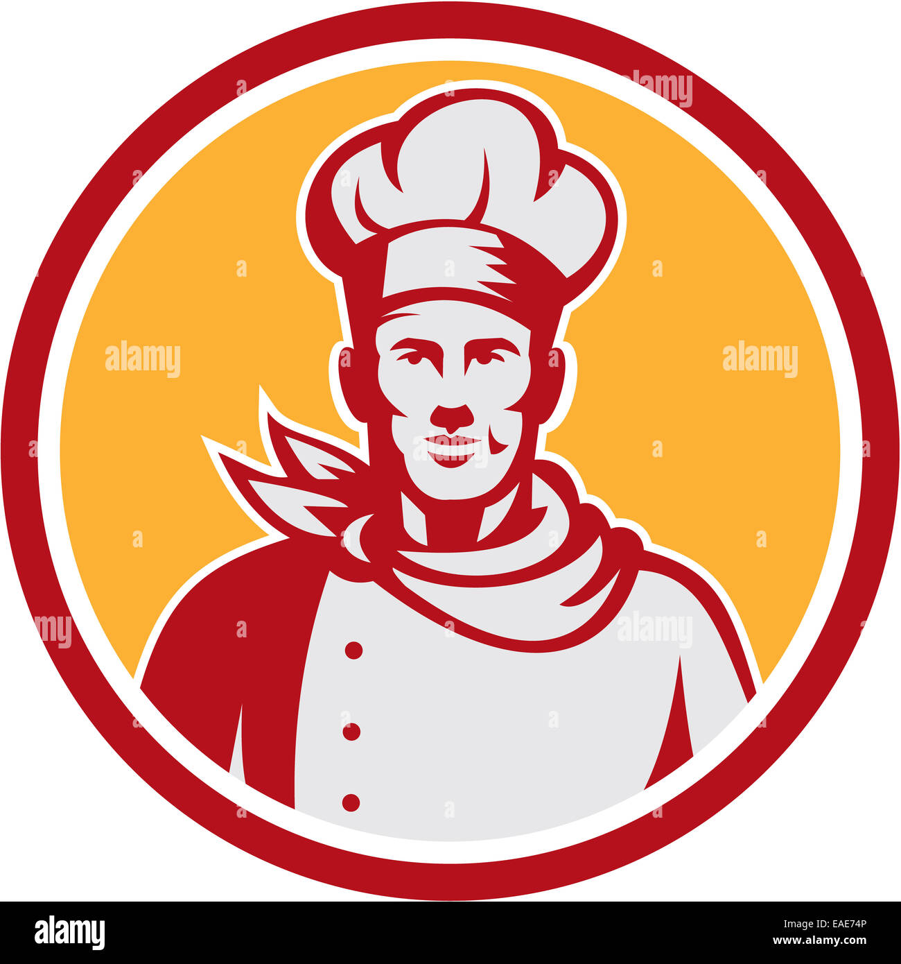 Illustration of a baker chef cook bust with hat facing front set inside