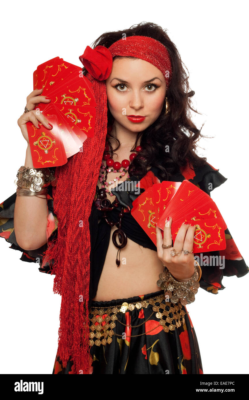 Portrait of gypsy woman with cards. Isolated on white Stock Photo Alamy